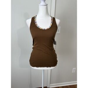 Celle Brown Ribbed Halter Tank Babydoll Floral Trim Detail NWT Medium Fairycore